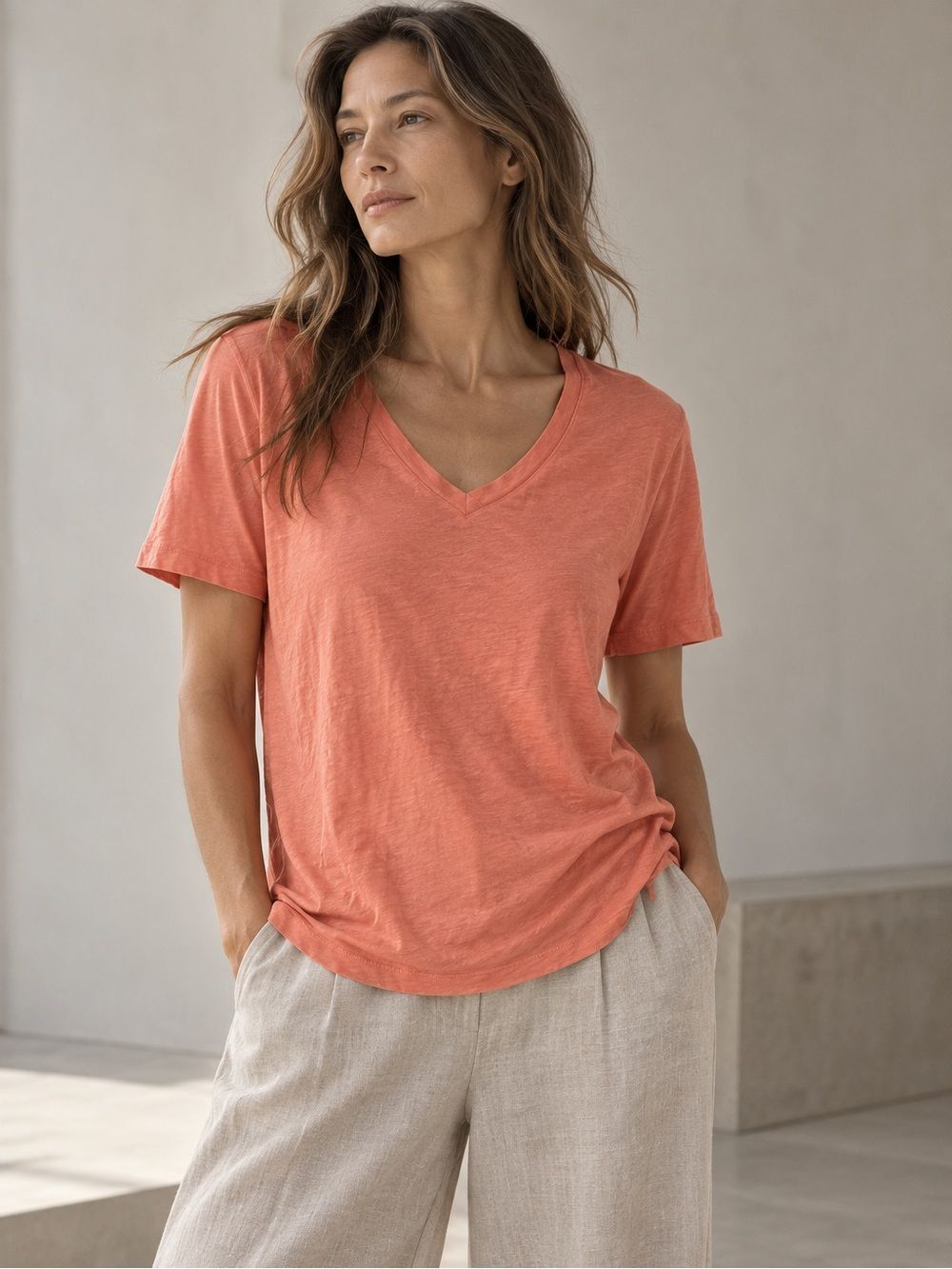 Eileen Fisher Organic Cotton Slub V Neck Tee Coral Pink Small NWOT